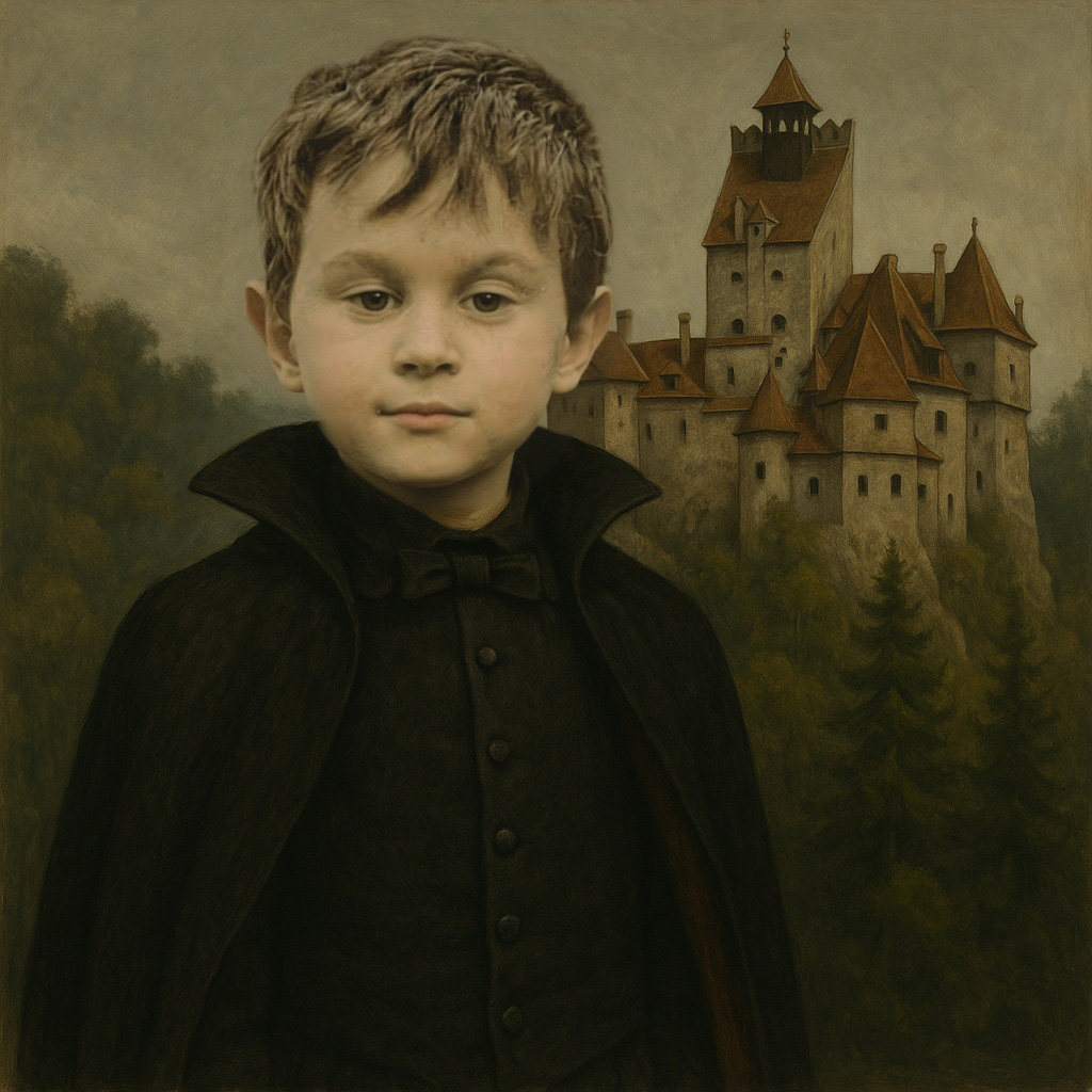 Vintage portrait caricature result in 1940s style resembling classic Dracula aesthetic