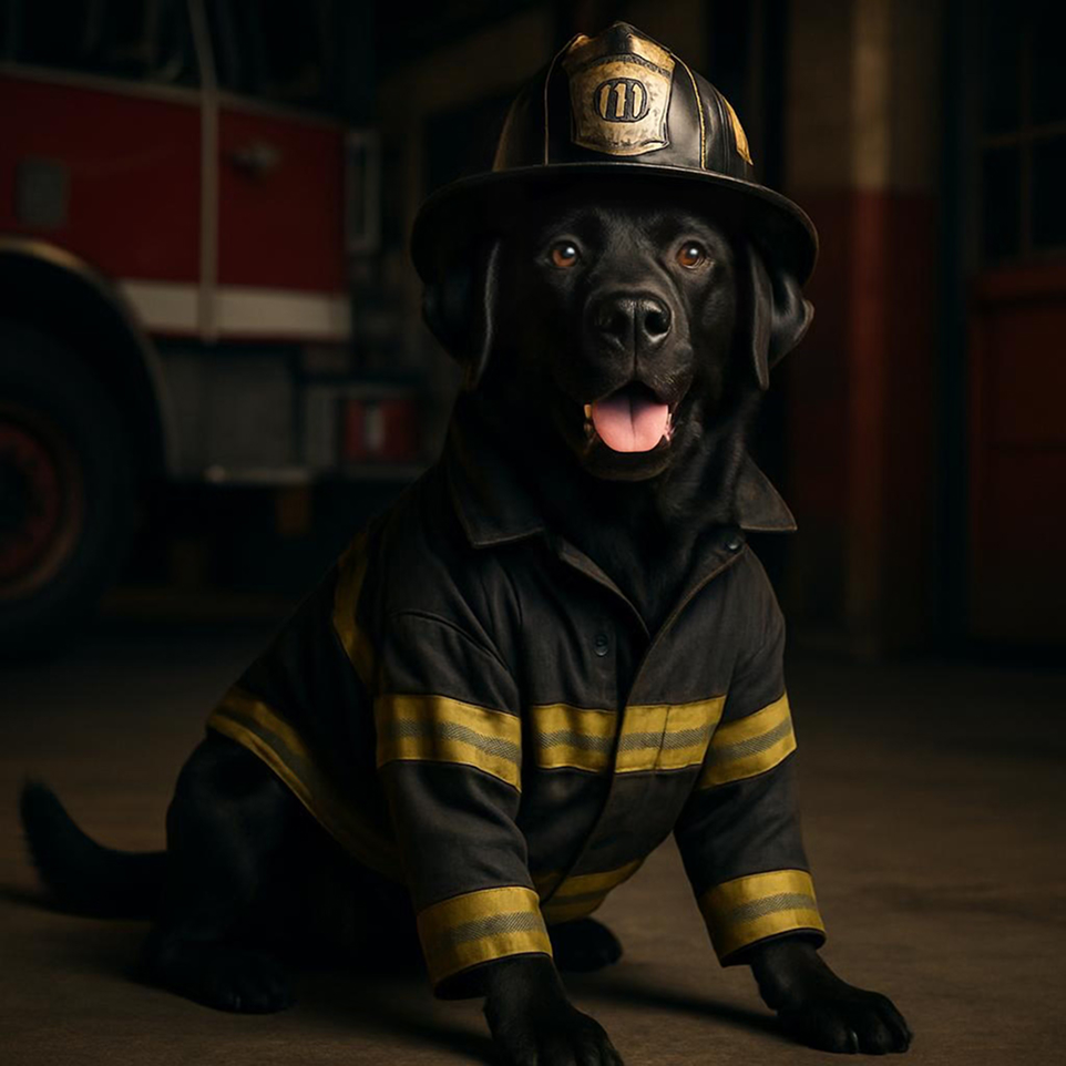Firefighter style Labrador Retriever portrait result with helmet and uniform - AI generated pet artwork